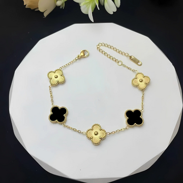 Premium Anti Tarnish Gold Plated Kiyu Ziyu Chain Bracelet - Alternate Black Enamel & Gold - Clover Design