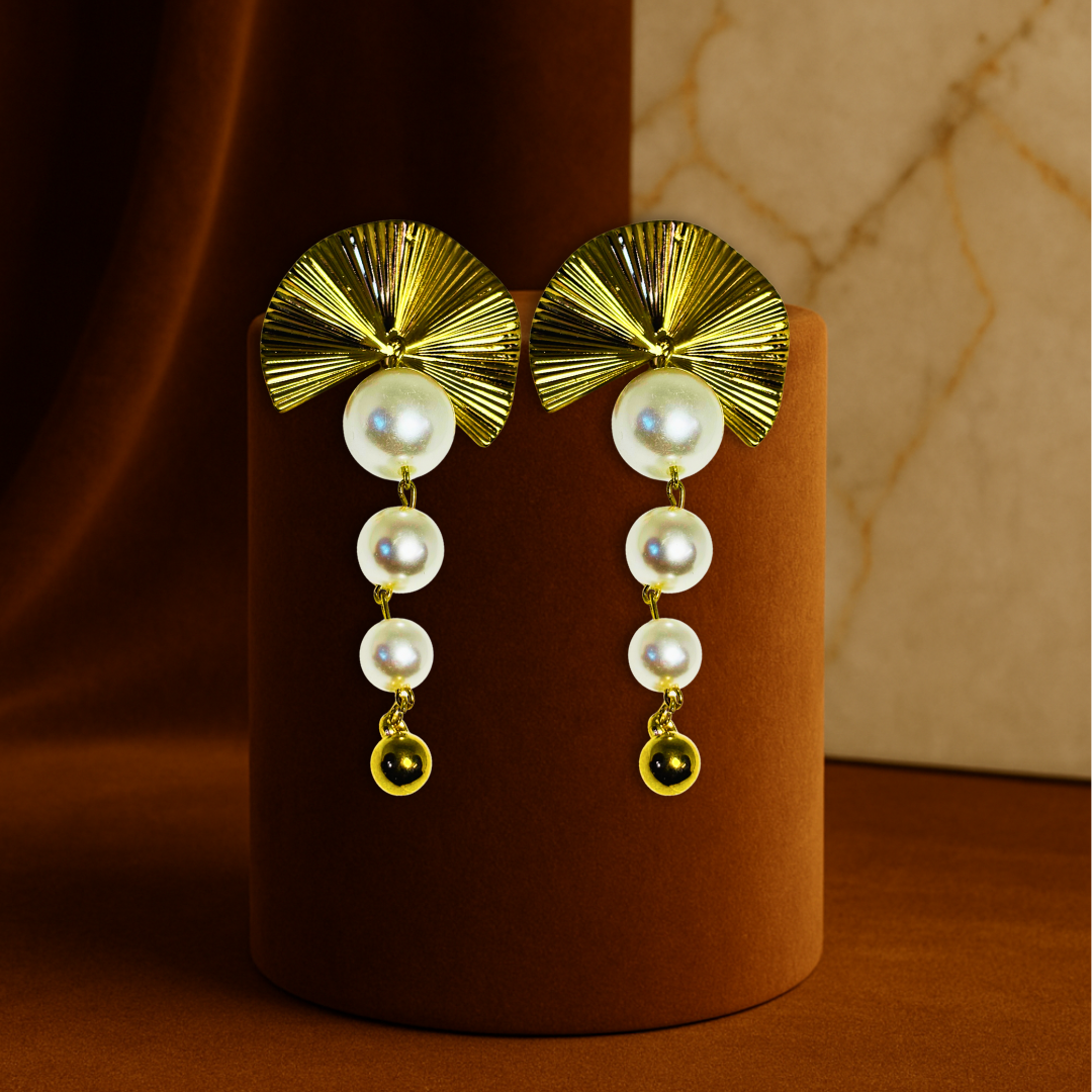 Glamorous Pearl Fan Drop Earrings Anti Tarnish Stainless Steel